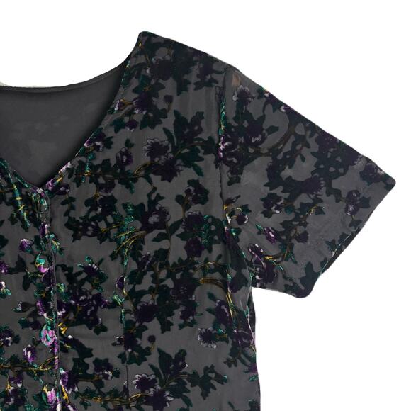 Burnout Velvet Vintage 90s Short Sleeve Button Front Blouse - Picture 8 of 10